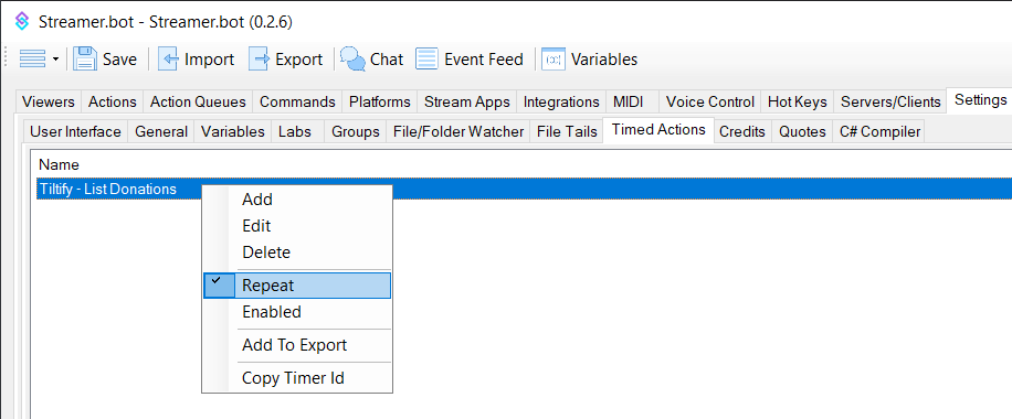Timed Actions window in Streamer.Bot showing the Timed Action settings for the List Donations action.